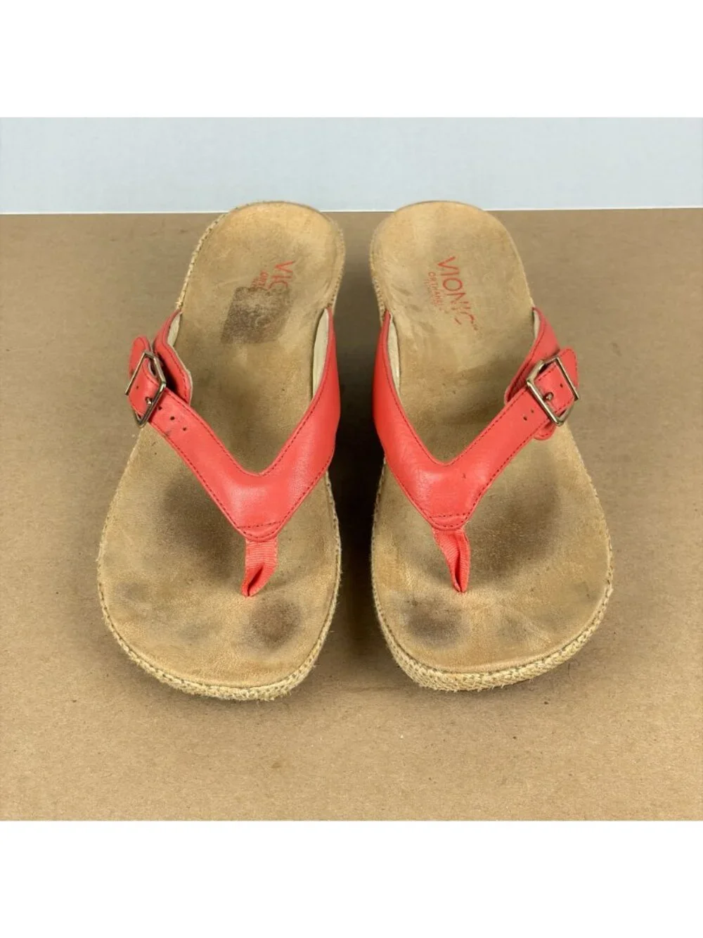 Vionic Polina Thong Wedge Sandals Womens 8 Orange Tan Leather Casual Comfort